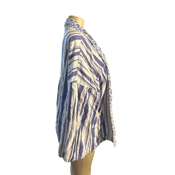 Women OS Anthropologie In Our Nature Seaside Striped Kimono Blue White Robe - Picture 5 of 6